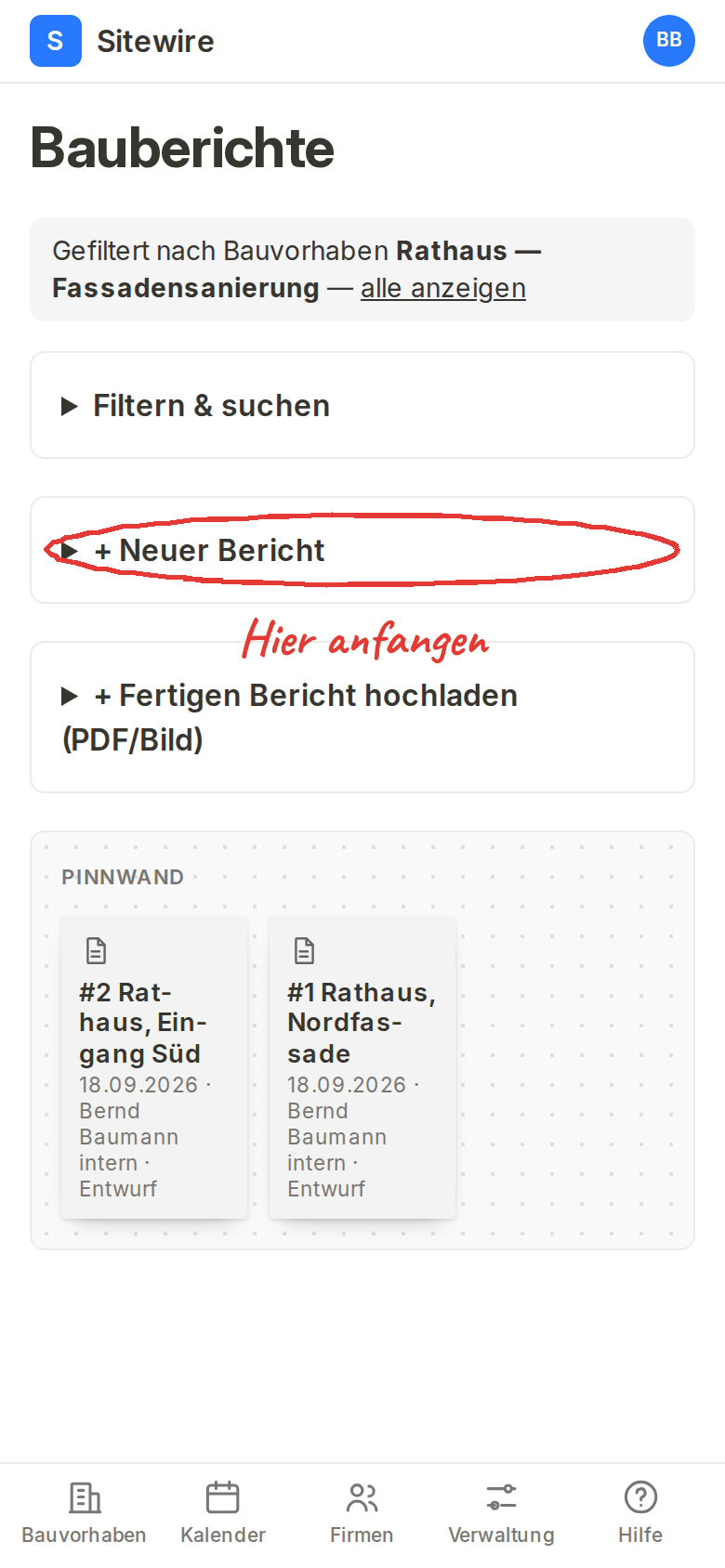 Die Berichte-Seite: der Aufklapper Neuer Bericht ist rot eingekreist