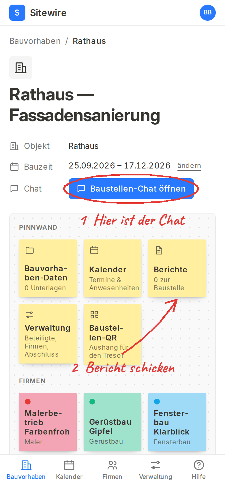 Die Seite eines Projekts: der Chat-Knopf und die Kachel Berichte sind rot markiert