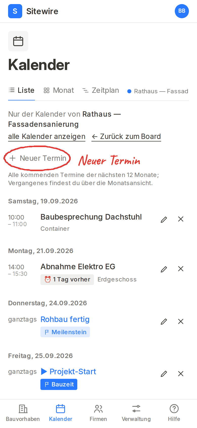 Der Kalender: der Aufklapper Neuer Termin ist rot eingekreist