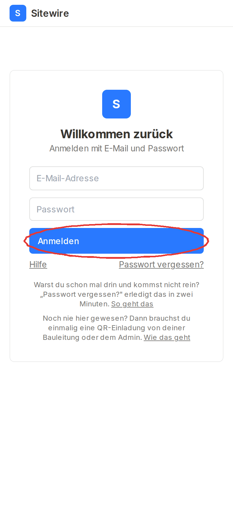 Die Anmeldeseite mit rot eingekreistem Anmelden-Knopf