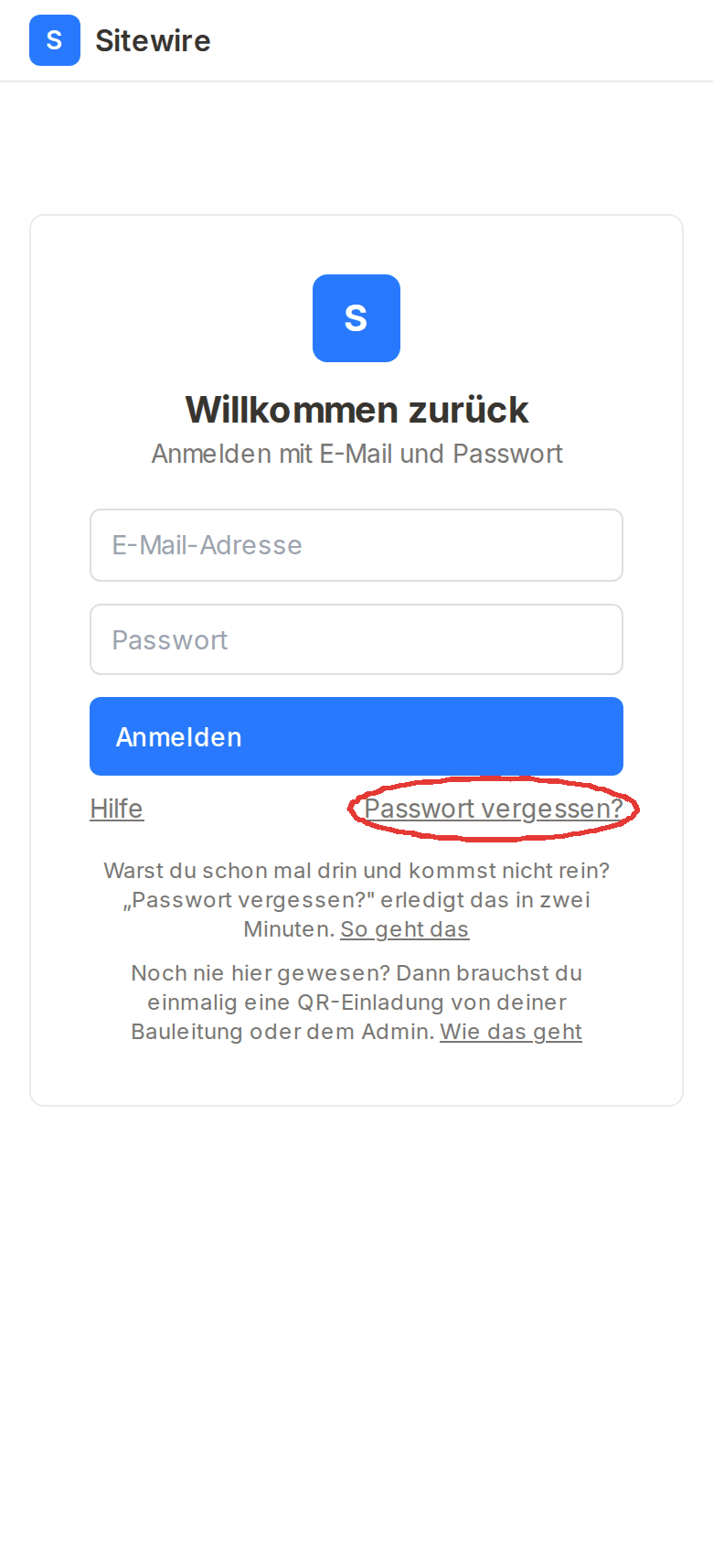 Die Anmeldeseite: der Link Passwort vergessen ist rot eingekreist