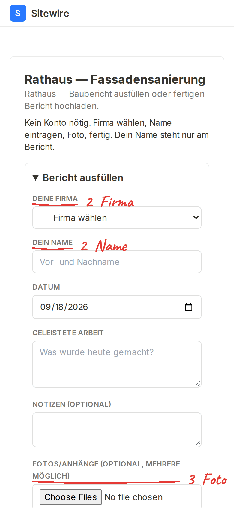 Die Maske hinter dem QR-Code: Firma, Name, Foto auswählen, Bericht absenden